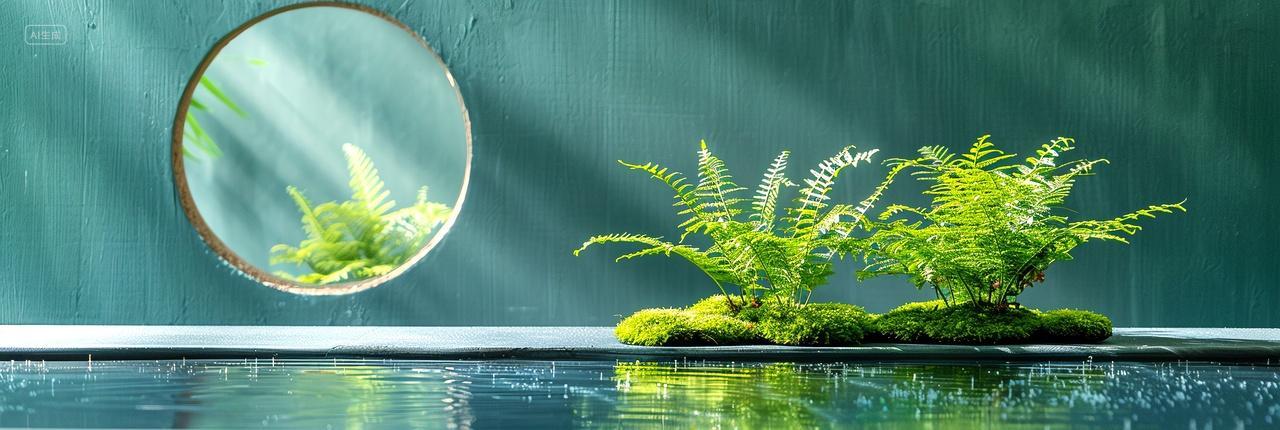 云雾缭绕水面上的绿植展示台