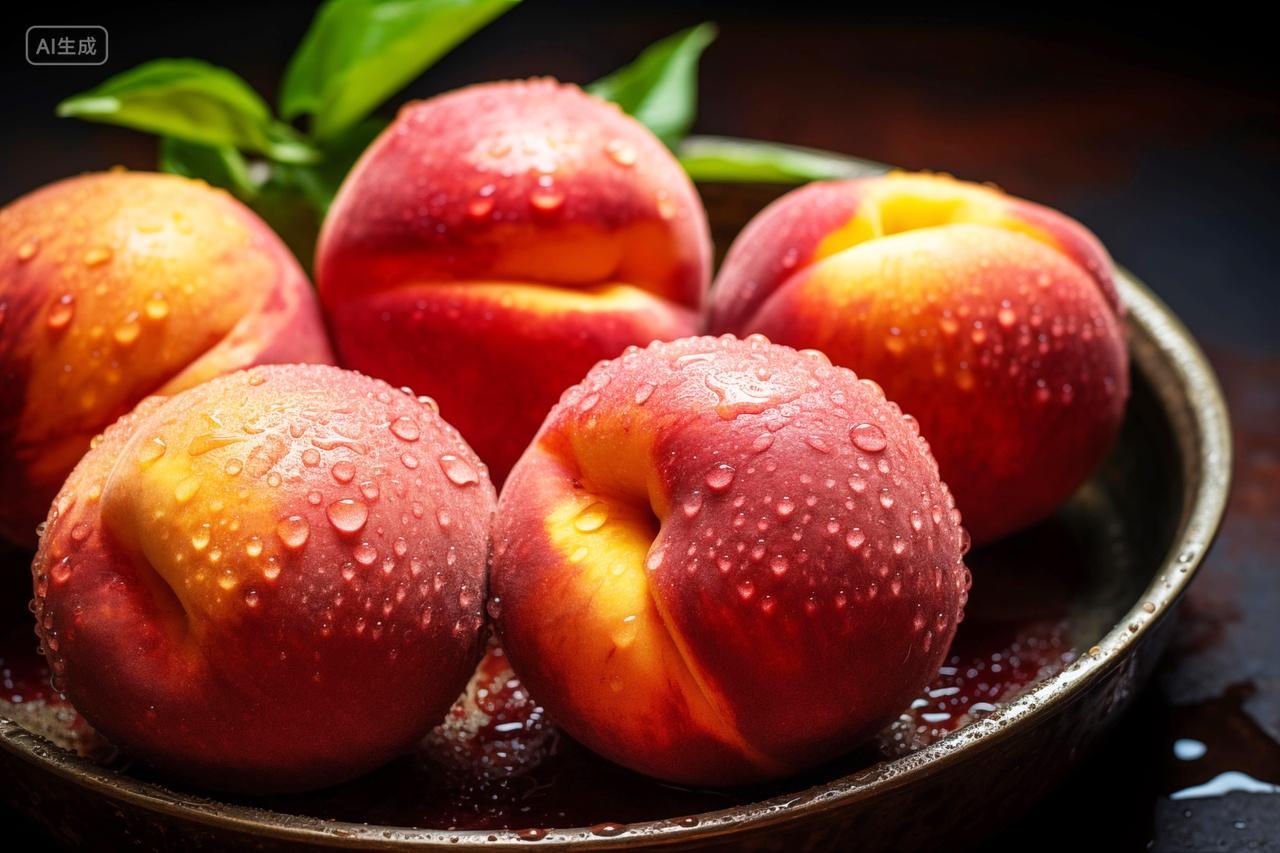 水滴映衬的鲜嫩水蜜桃多汁甜美新鲜水果