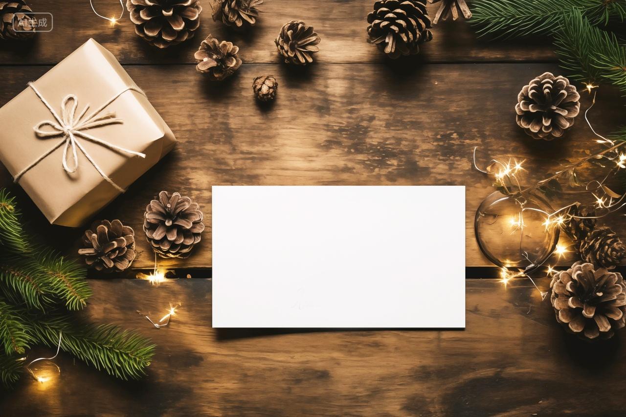 圣诞节礼物包装白色卡片木质背景