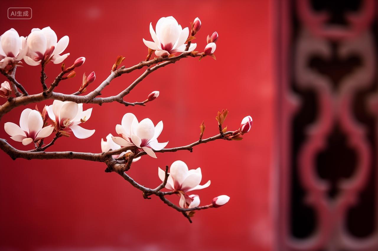 红墙白玉兰花春意盎然古建筑春天立春