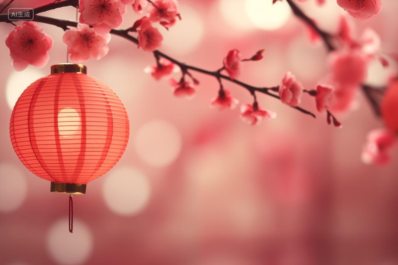 红灯笼与粉红花朵新年气氛