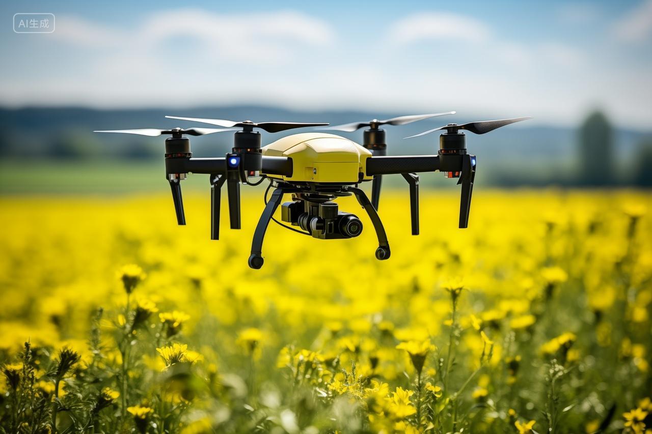 黄花田上空无人机航拍田野农业科技