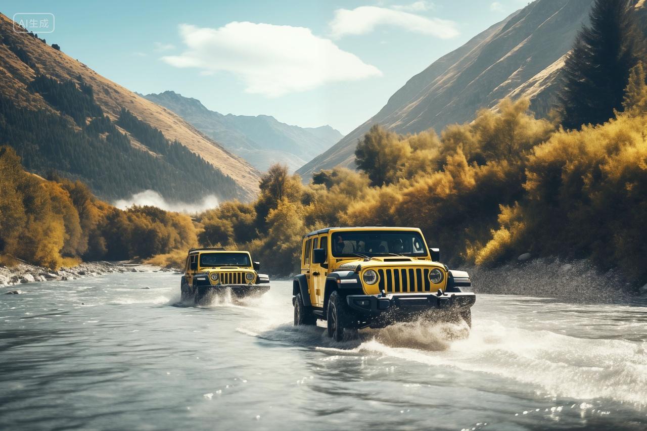 越野车穿越河流峡谷自驾游度假