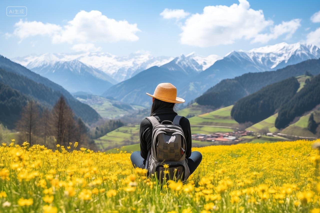 高原黄色野花女孩背影度假旅游