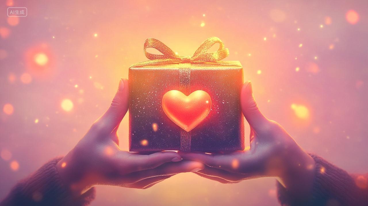感恩节双手捧着礼物盒心形飘出粉色渐变海报背景温馨平安节插画
