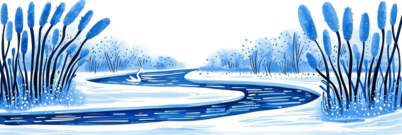 蜿蜒河流和芦苇为主题的艺术插画