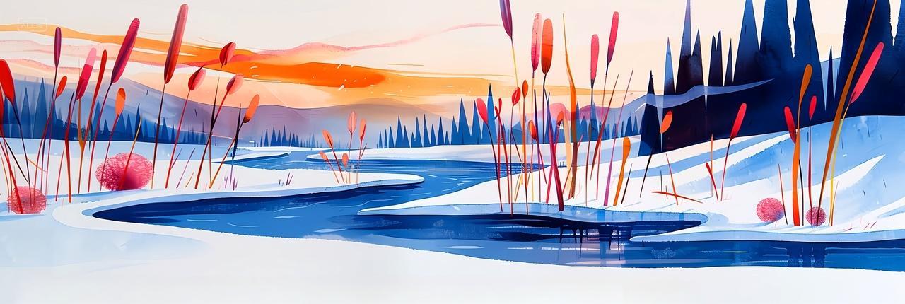 蜿蜒河流和芦苇为主题的艺术插画