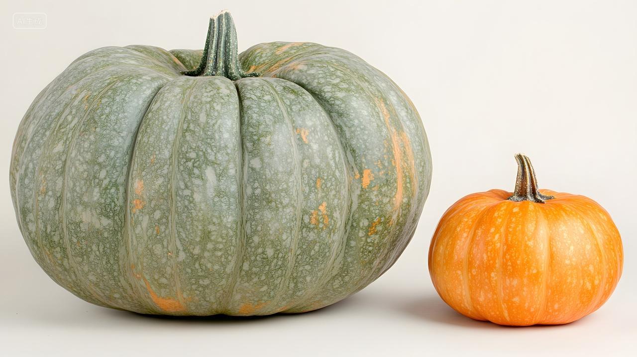 中性背景下的大绿色南瓜与小橙色南瓜对比摄影图