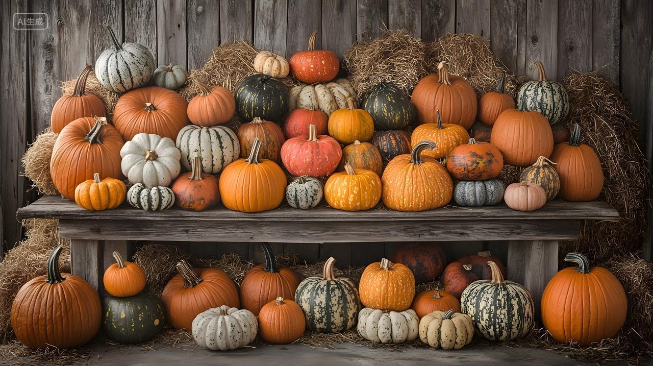 木架与木箱上的多种南瓜陈列乡村秋季装饰摄影图