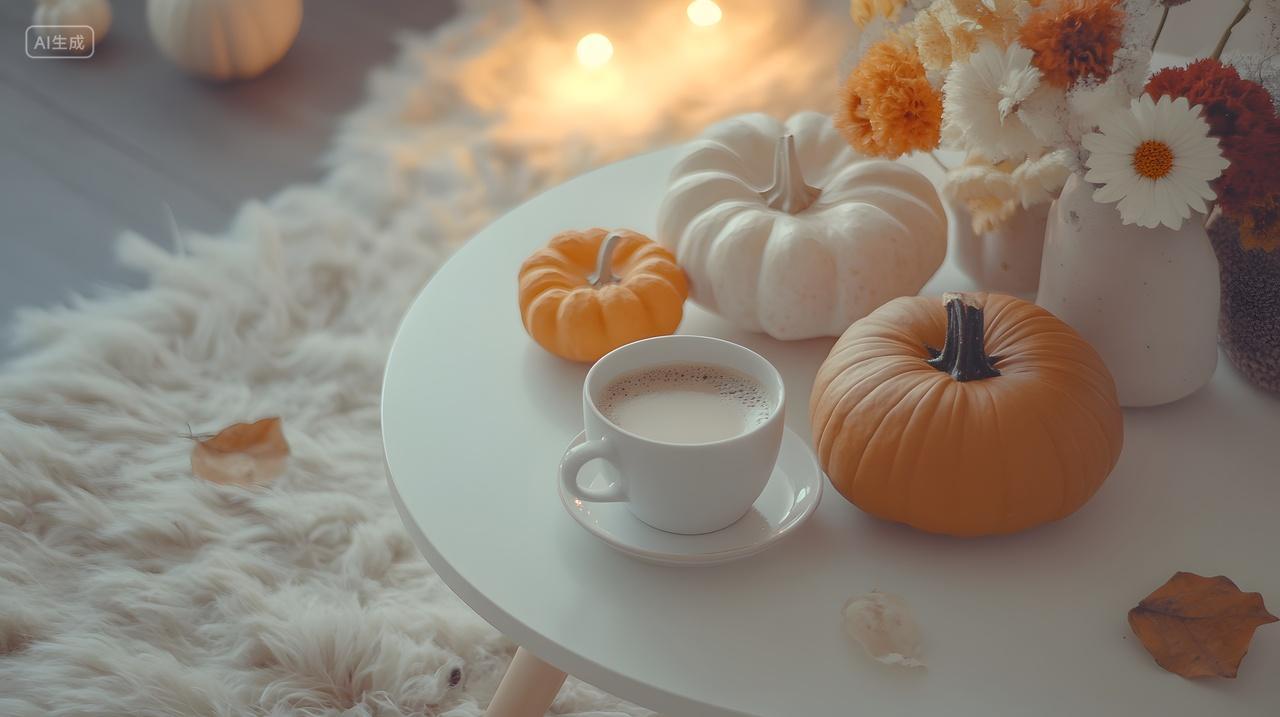 温馨室内小南瓜与茶杯秋季装饰摄影图