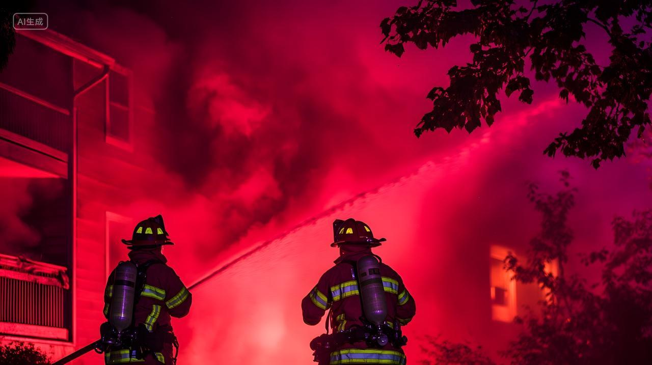 消防员夜间扑救大火紧急灭火行动