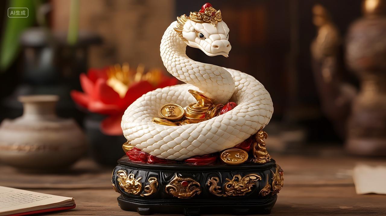 2025蛇年白色蛇形雕塑中式工艺品新年桌面装饰艺术品