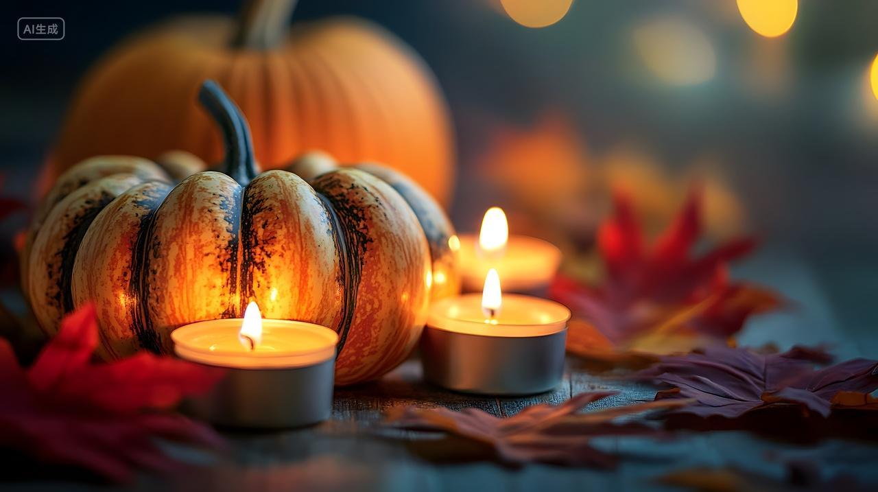 木桌上的南瓜与蜡烛秋叶温馨秋季摆设摄影图