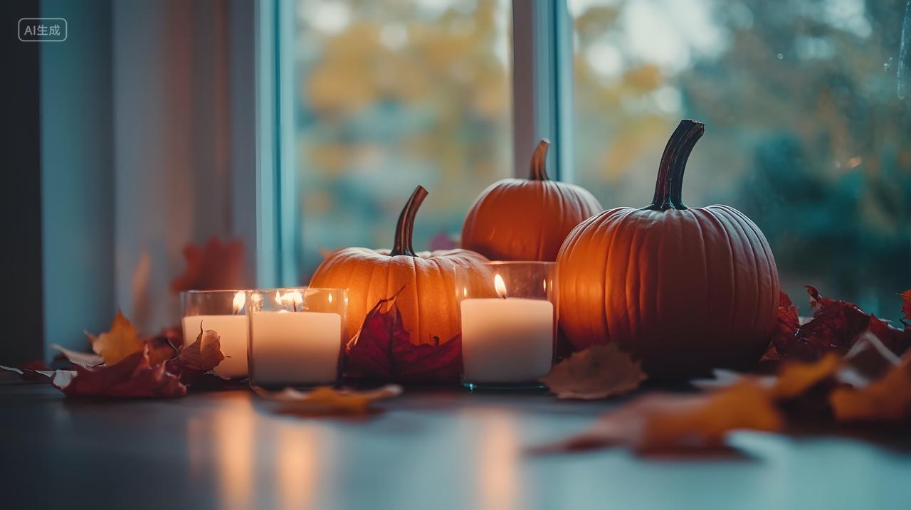 窗台上的南瓜与蜡烛秋叶温馨秋季装饰摄影图