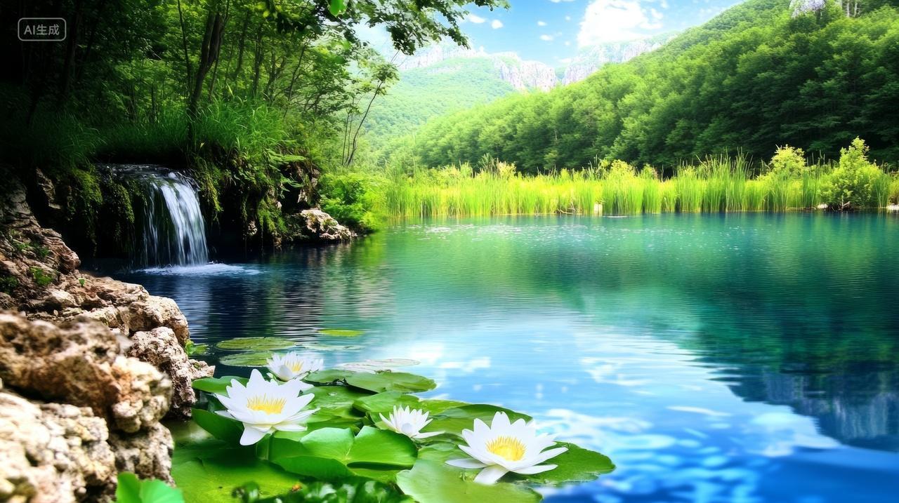 夏天湖泊荷花森林瀑布环境自然生态旅行风光