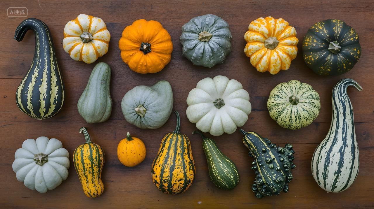 木桌上的各种形状与颜色的葫芦与南瓜展示摄影图