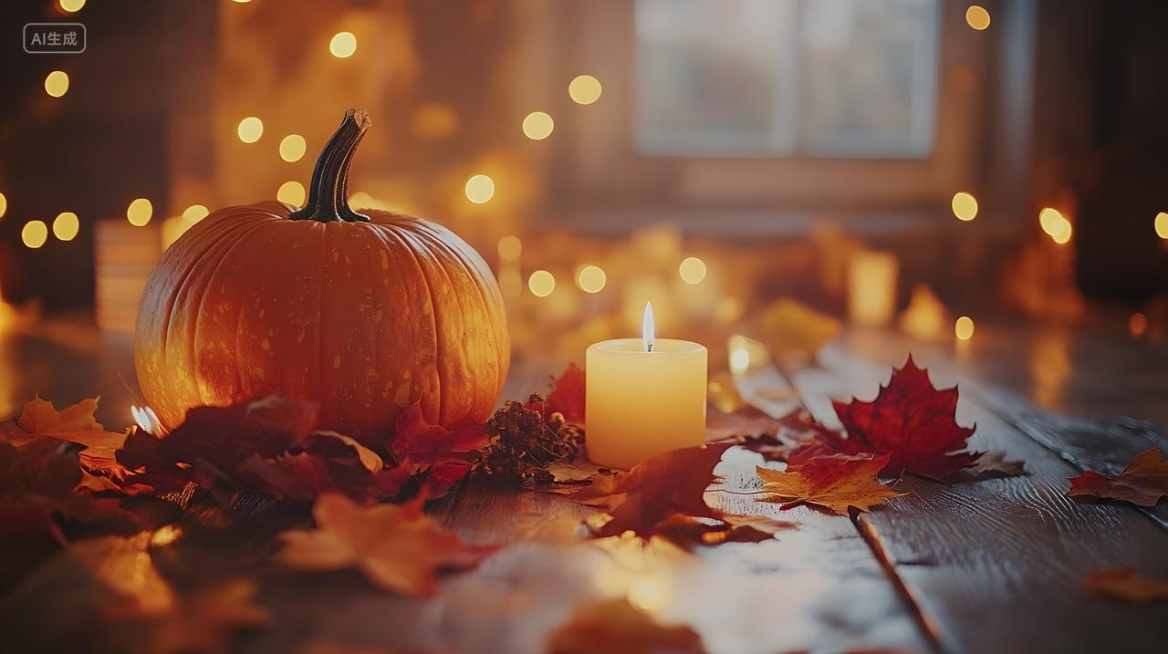 秋叶与蜡烛相伴的南瓜万圣节温馨秋季室内场景摄影图