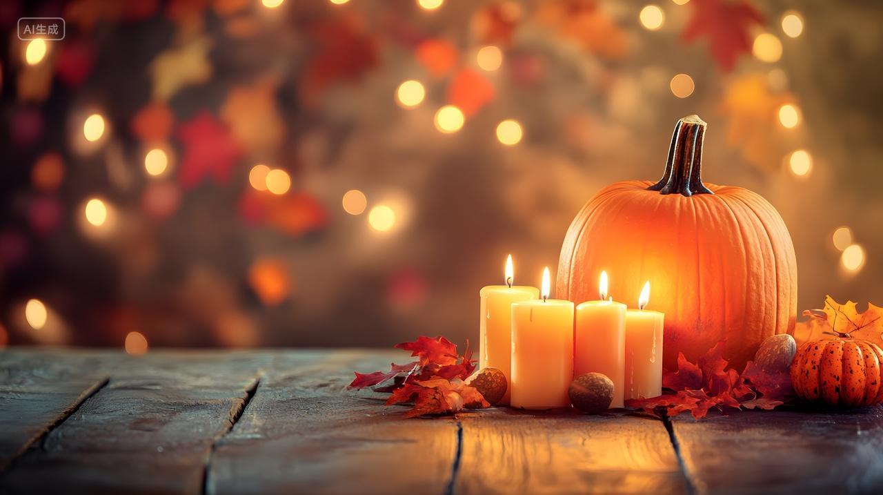 木桌上的南瓜与蜡烛秋叶温馨秋季装饰摄影图