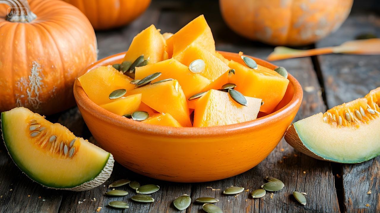 木桌上的碗装南瓜块与南瓜籽食品摄影图