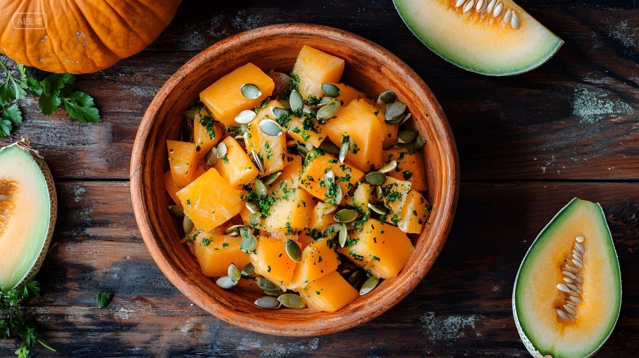 木碗中的南瓜块与南瓜籽食品摄影图