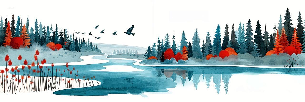 白色背景蓝红森林湖泊芦苇秋日插画