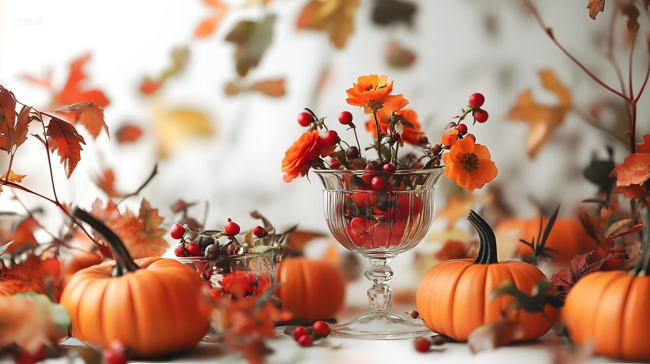 南瓜与秋季花卉装饰自然摄影图