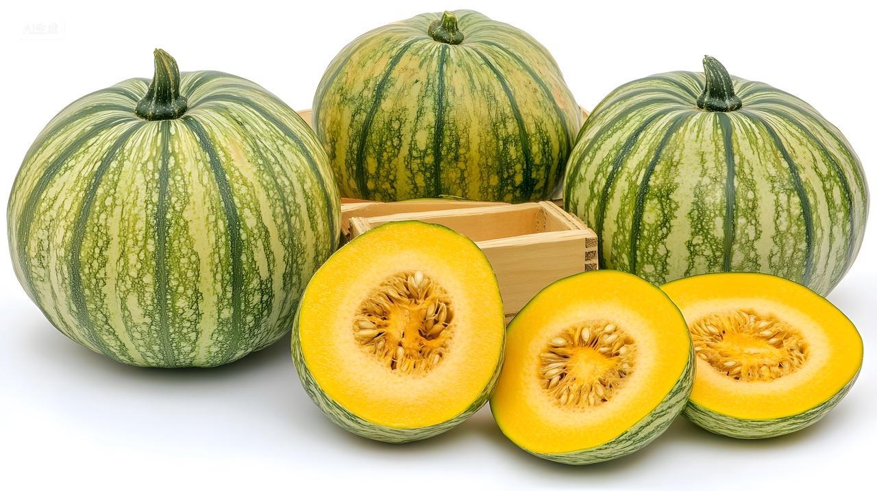 白色背景下的整只与切开的绿色条纹南瓜食品摄影图