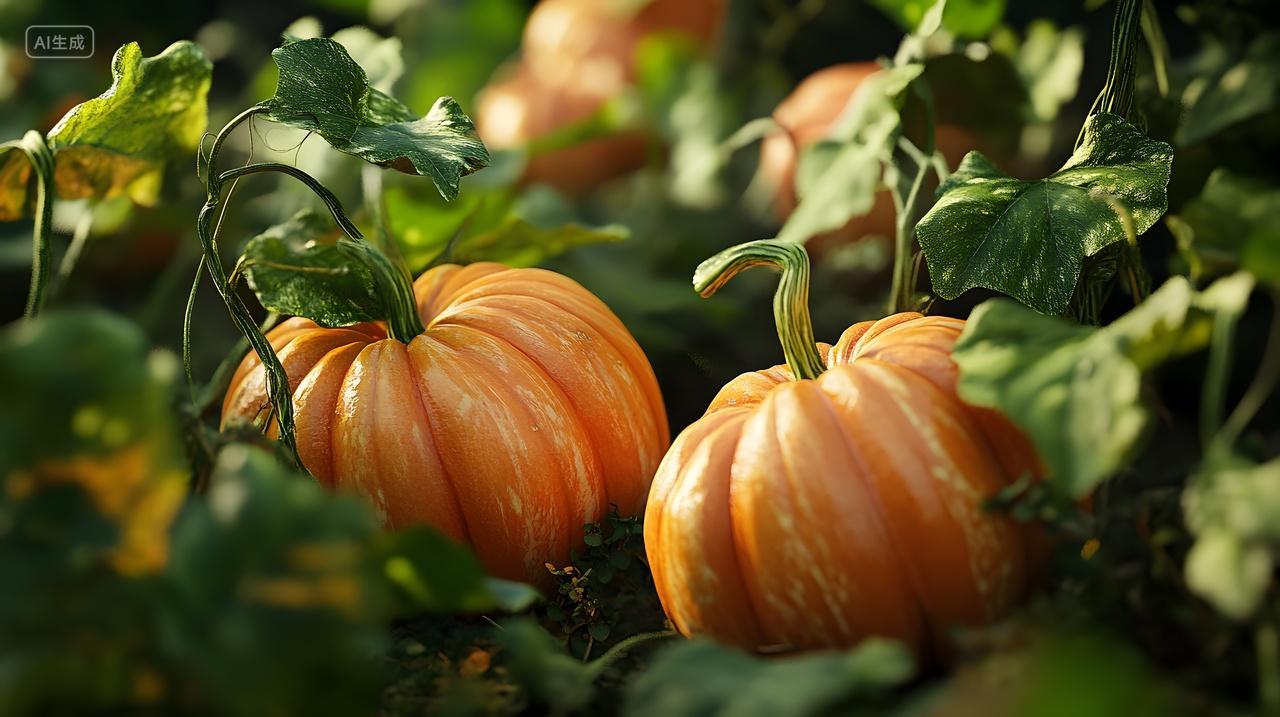 藤蔓上生长的两个橙色南瓜自然景观摄影图