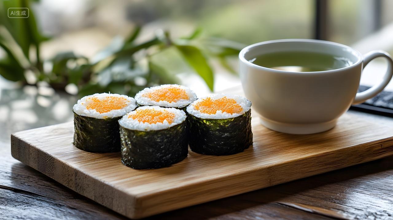 木制砧板上的寿司卷配茶日式料理美食摄影图