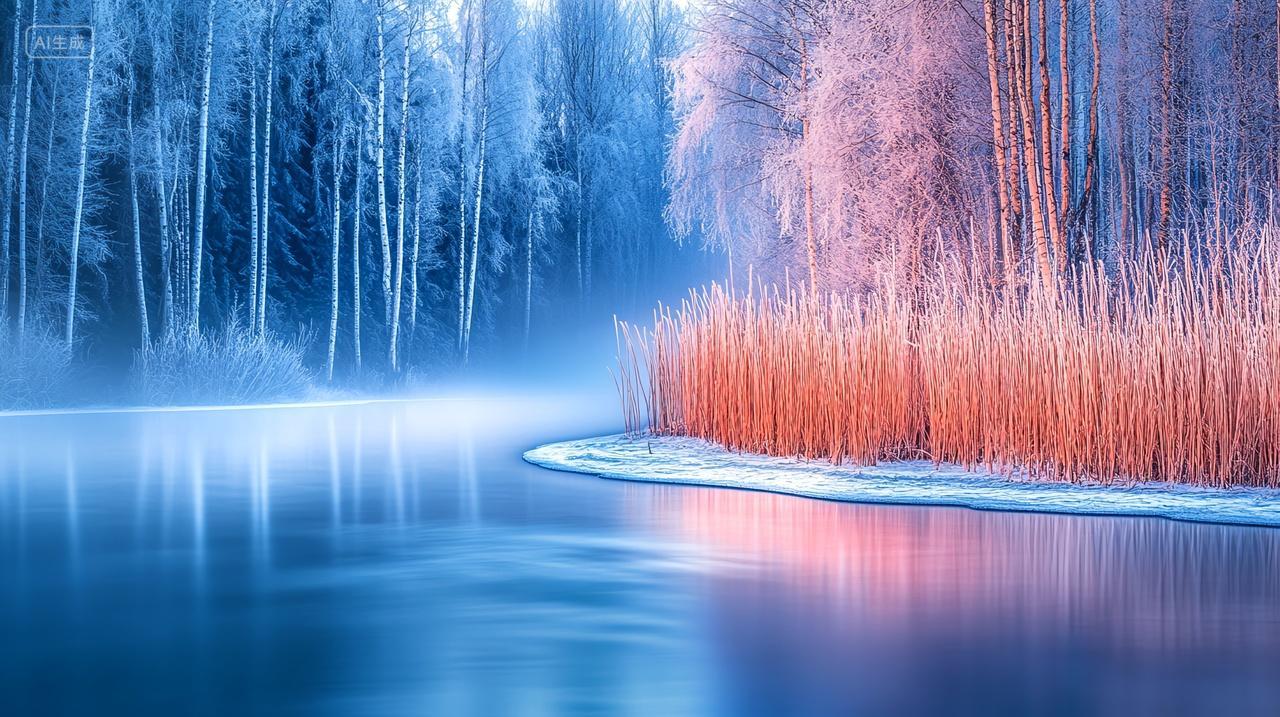 霜降白雾河畔芦苇的朦胧诗篇