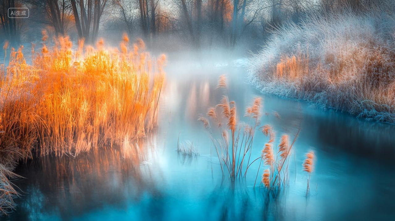 霜降白雾河畔芦苇的朦胧诗篇