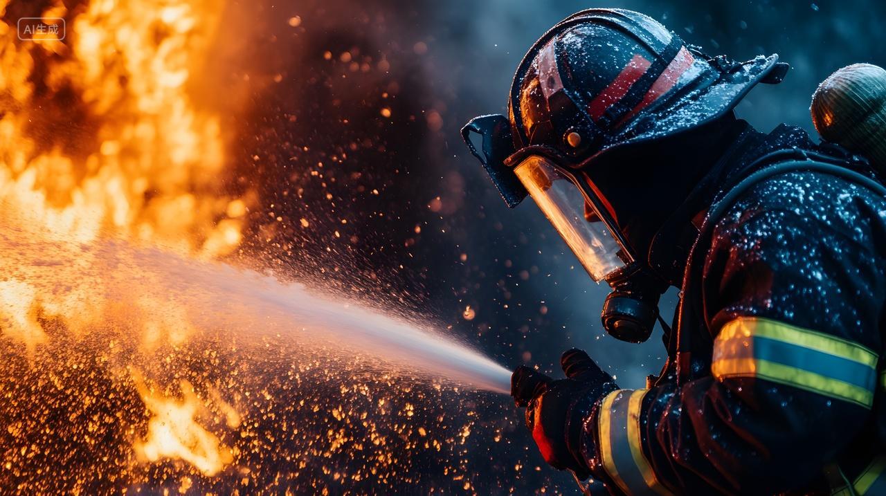 消防员在火灾现场进行高压水枪灭火行动