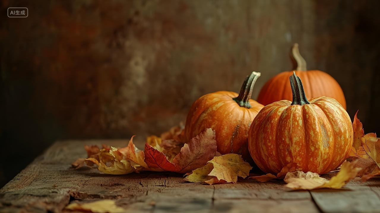 乡村木桌上的小南瓜与秋叶自然摆设摄影图