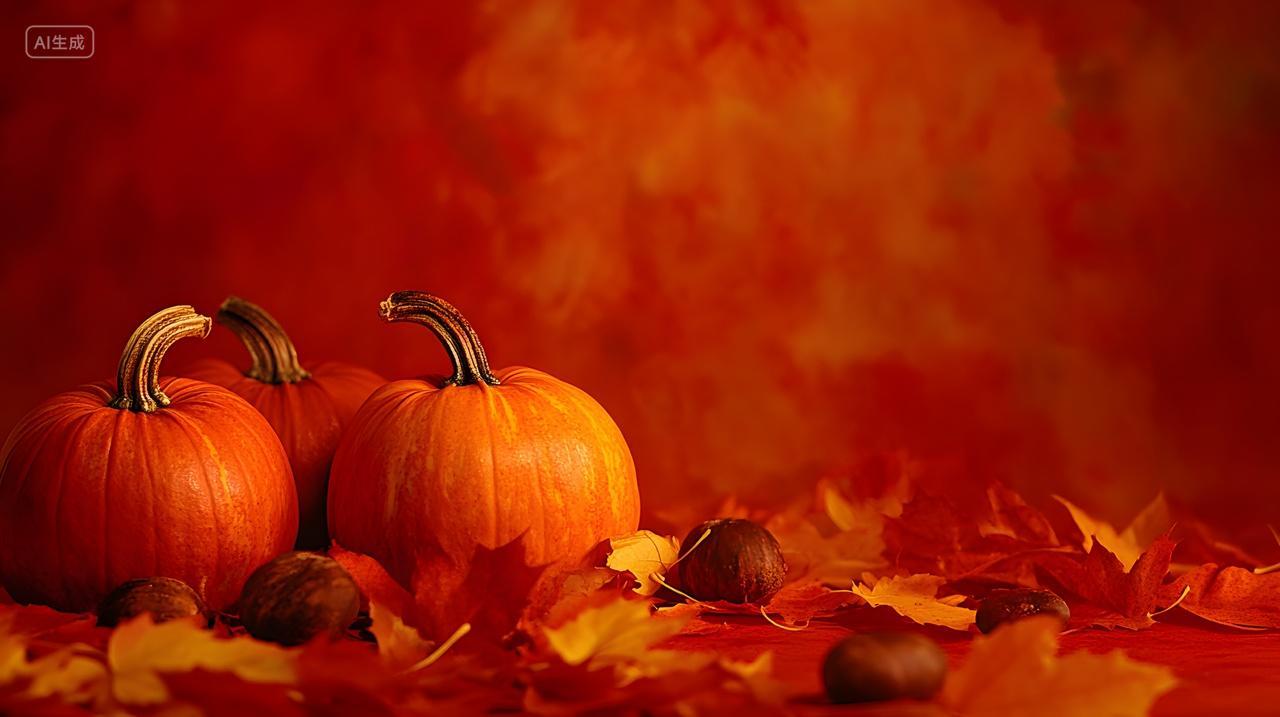 橙色背景下的南瓜与秋叶秋季自然景观摄影图