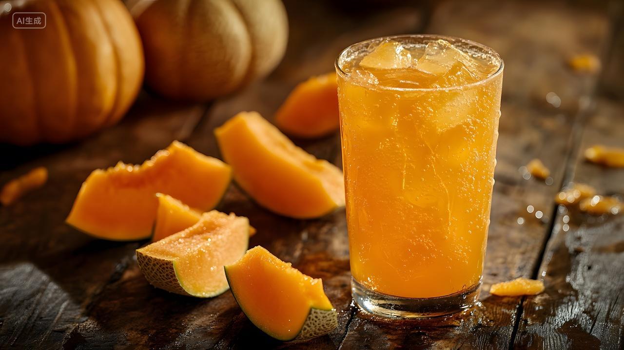 木桌上的南瓜片与南瓜汁饮品摄影图