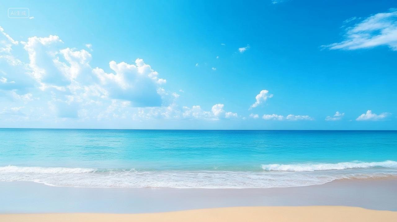 蓝天白云下阳光沙滩海浪旅行背景