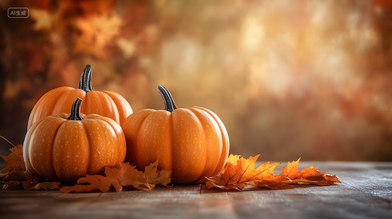 乡村木桌上的南瓜与秋叶温馨秋季摆设摄影图