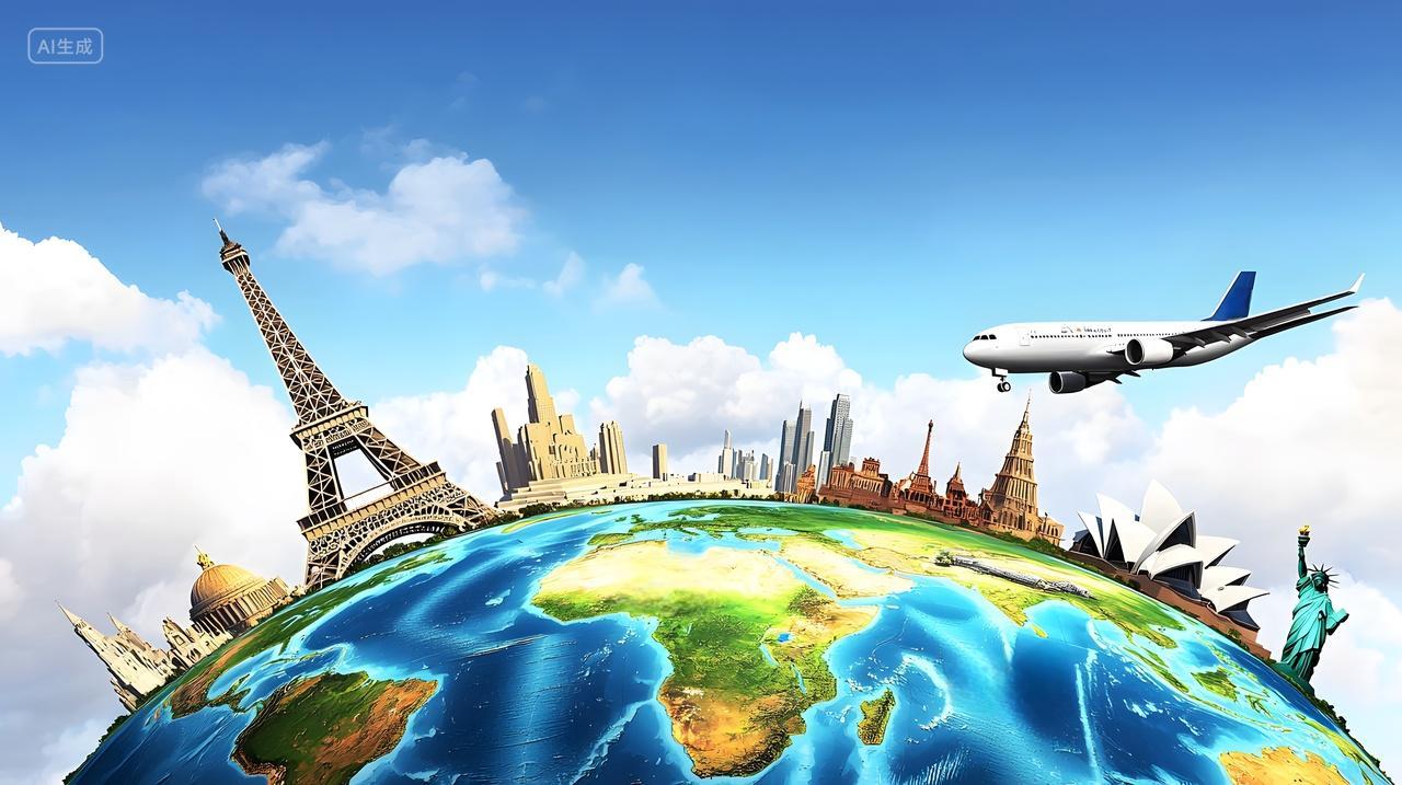 全球地标飞机翱翔天际
