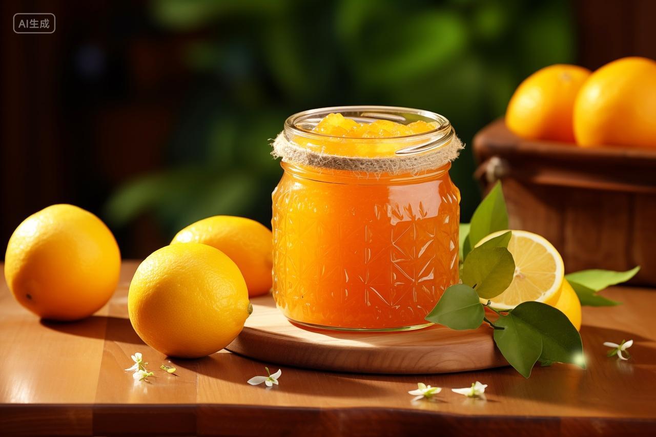 桌面上玻璃瓶装鲜美果酱橙汁水果