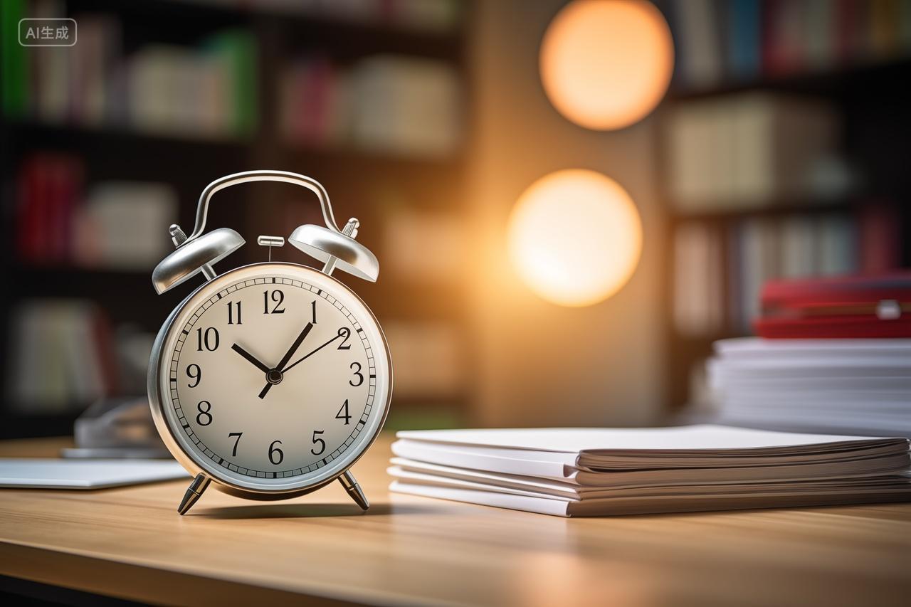 金属闹钟摆在木桌上办公室图书馆