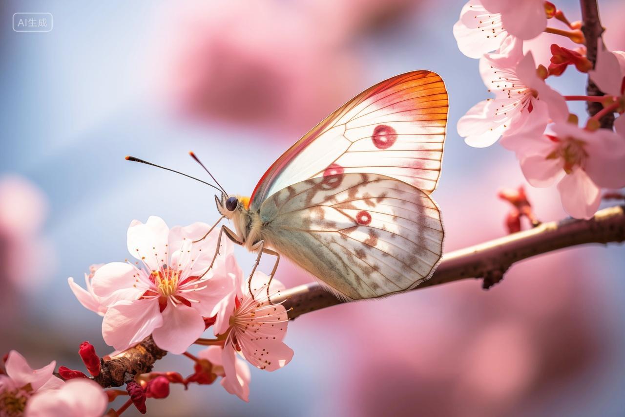 粉红花杏花蝴蝶飞舞树枝上唯美