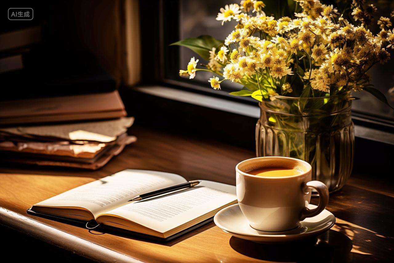 书桌上日记本饮品小雏菊