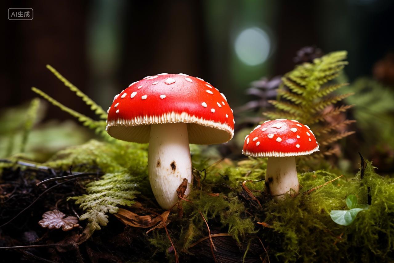 森林里的红色蘑菇苔藓高清特写