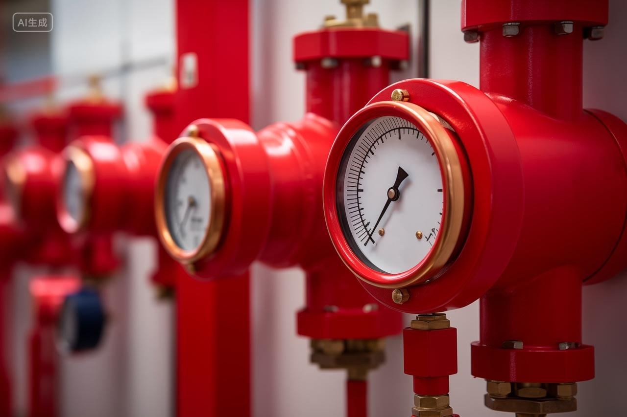 一排红色暖气管道压力计