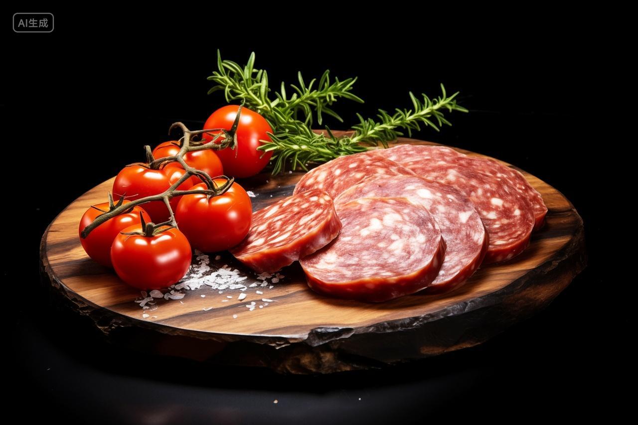 黑色背景美味香肠西红柿砧板