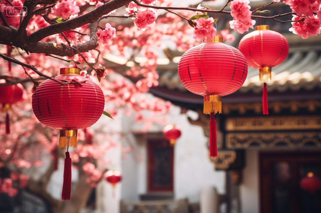 中式庭院树上悬挂红灯笼喜庆新年