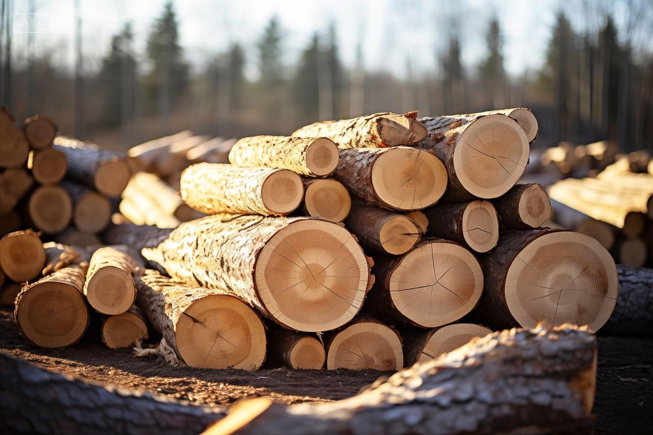 堆积一起砍伐的森林原木