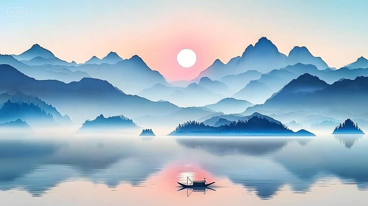 雾山与平静水面宁静日出