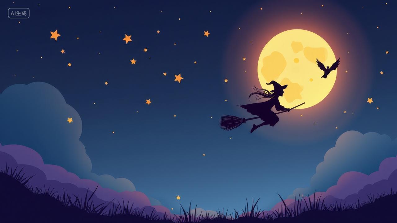 坐着扫帚飞行的万圣节女巫