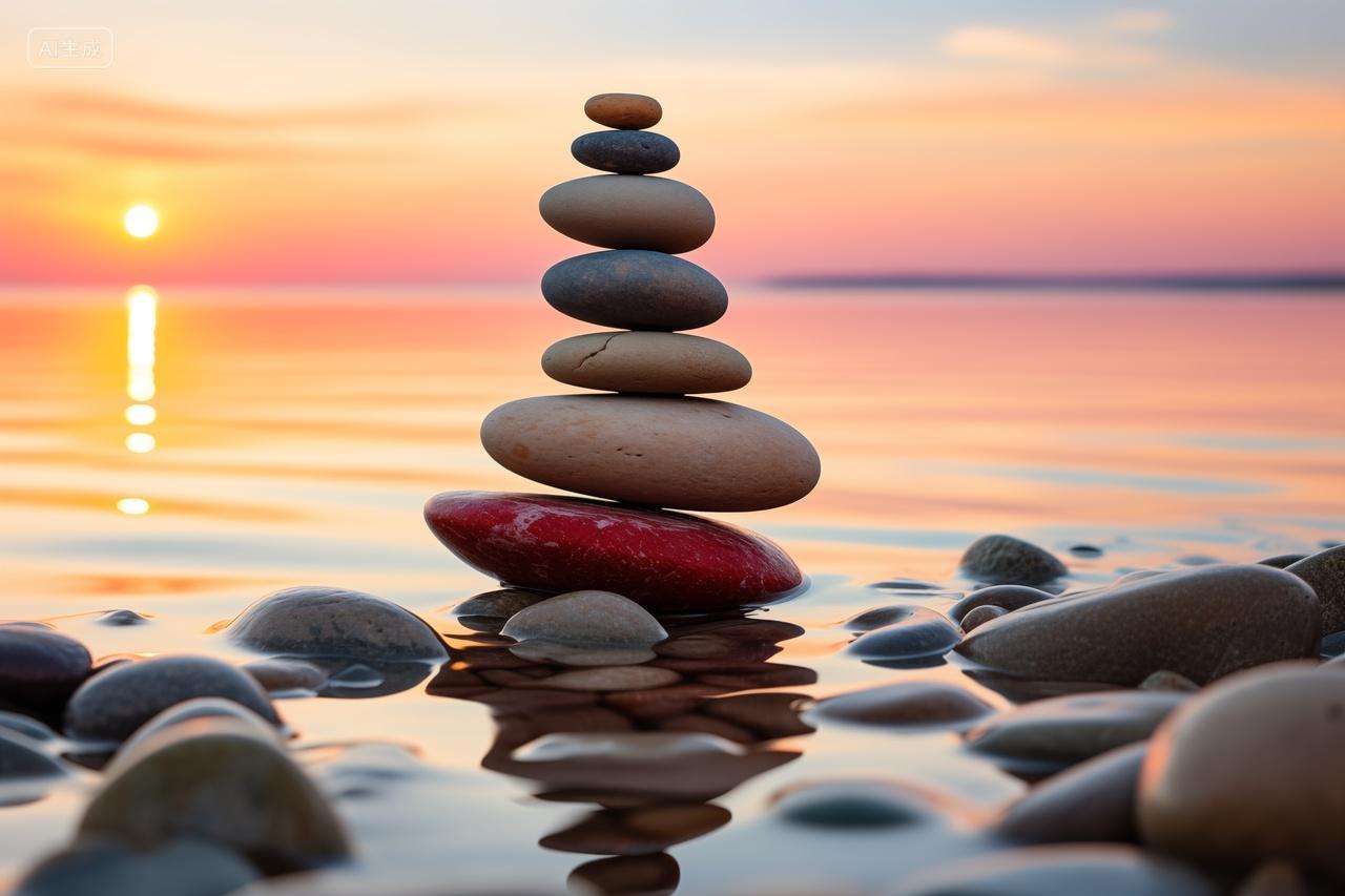 黄昏下的石滩堆高的石块景观自然景观